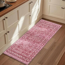 Tapis de couloir fin rose fuchsia vintage 60 x 180 cm, tapis rétro lavable et antidérapant à poils courts en fausse laine pour cuisine, couloir,