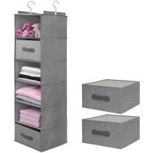 Large Hanging Sweater Organizer for Closet,Collapsible 6-Shelf Hanging Closet Shelves with Drawers, Washable (Grey-6 Shelf-2 d)
