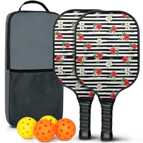 Σετ κουπιών Pickleball από fiberglass με λουλούδια, 2 μπάλες και τσάντα, συμβατό με παιχνίδι