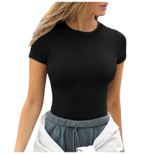 T-shirt d'été à manches courtes pour femme Ediodpoh, col rond, côtelé, coupe ajustée, noir, taille M