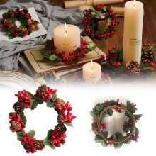 1 pezzo di anelli portacandele invernali, mini ghirlande con pigne e bacche rosse, adatti a candele a colonna da 5 cm, decorazione da tavola,