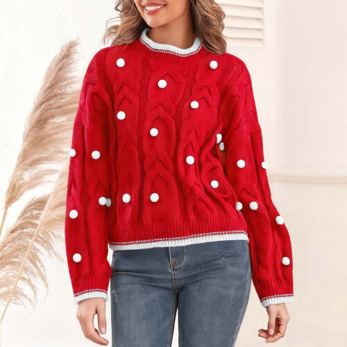 Dame Langærmet Strik Sweater Rød Efterår Vinter 1