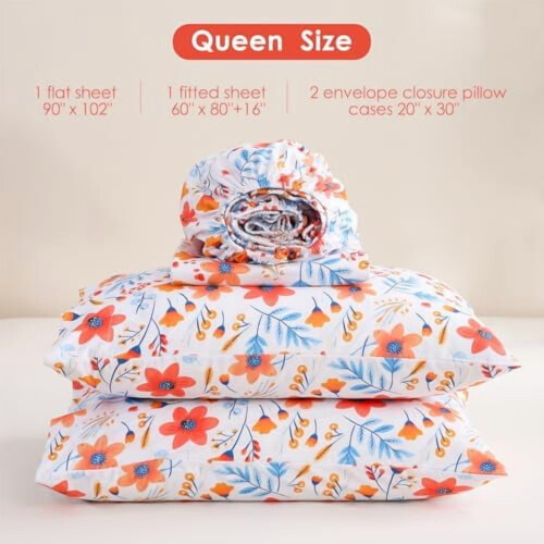 Σετ σεντόνια με floral print, Queen size, 4 τεμάχια σεντόνια από μικροΐνες με σχέδιο 1