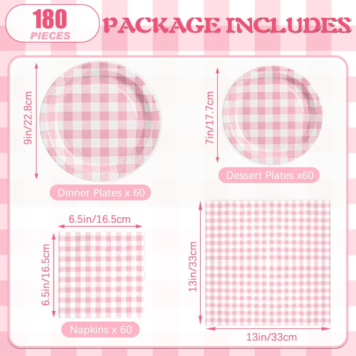 Conjunto de pratos e guardanapos de papel xadrez rosa 1