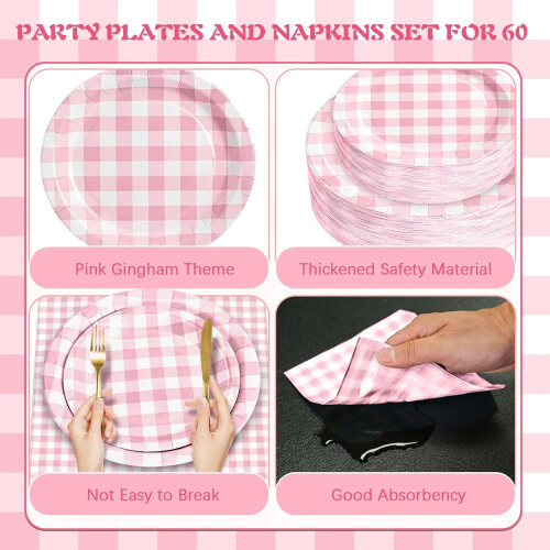 Conjunto de pratos e guardanapos de papel xadrez rosa 2