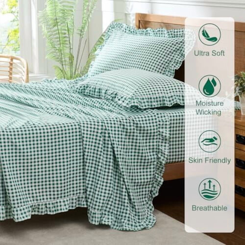 Σετ σεντόνια Gingham Queen, μαλακά βουρτσισμένα μικροΐνες, 16" Deep Pocket, 4 τεμάχια 1