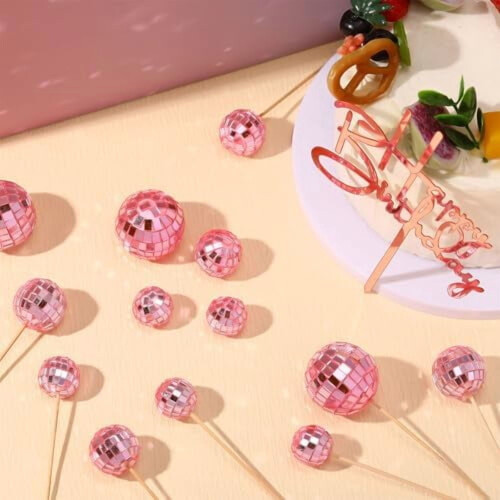 24 τεμάχια ροζ διακοσμητικά για cupcakes με μπάλες ντίσκο – Ρετρό διακόσμηση τούρτας 1
