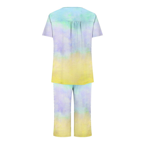 Σετ 2 τεμαχίων γυναικεία πιτζάμα Tie Dye με κοντό μανίκι, παντελόνι Capri με τσέπες, για 2