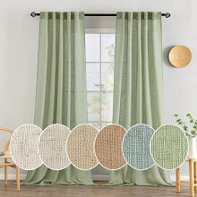 Sage Green Linen Curtains, 102" L x 2 Panels, Semi-Sheer Light Filtering, Back Tab & Rod Pocket, Bedroom/Living Room Decor
