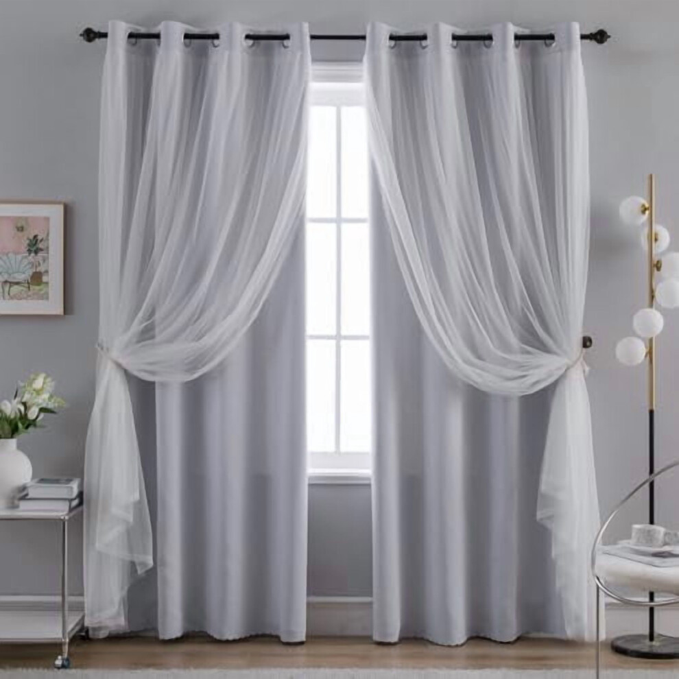 Home Curtains Blackout and Sheer Layered Solid Window Curtain Panel Pair with Grommet Top, 52Wx72L,Greyish White