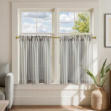 Striped Linen Kitchen Curtains 24" Tier, Farmhouse Modern Cafe Style, Light Filtering, Rod Pocket, 2 Panels, Charcoal Grey
