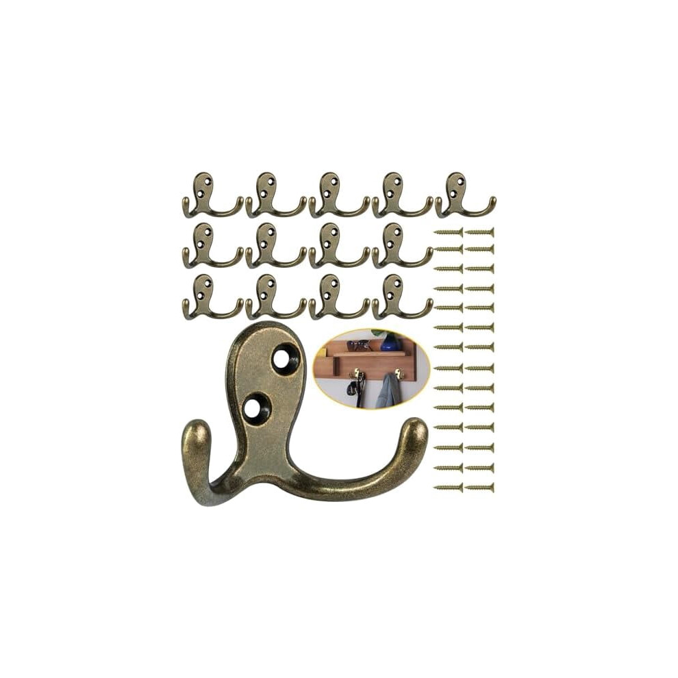 Heavy Duty Double Prong Coat Hooks Antique Brass 14-Pack 9097180985365