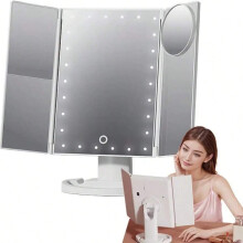 Tri-Fold LED Vanity Mirror with 2X/3X/10X Magnification, Touch Control & 180 Rotation – Compatible with Modern Countertops