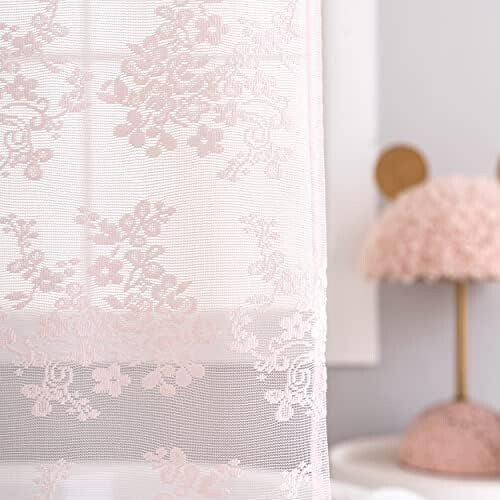 Ροζ κουρτίνα μπάνιου από δαντέλα Shabby Chic, 72x72", διάφανη vintage φλοράλ, με κυματιστή 2