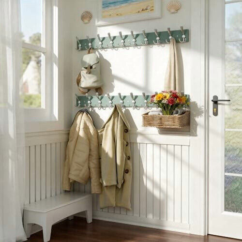 Forest Green Solid Wood Wall Coat Rack with 10 Hooks, 38.1" – for Entryway, Mudroom, Kitchen, Bathroom – Includes Hardware, Compatible with 1
