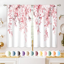 AUQ Pink Eucalyptus Botanical Kitchen Curtains, Farmhouse Flower Leaf Tier Drapes for Sink, Bathroom, Cafe – 27.5x39", Compatible with Standard Rods