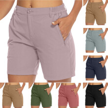 Shorts fluidos femininos, calças leves femininas com bolso com zíper para caminhadas e corrida, ideais para o trabalho, na cor roxa, tamanho P.