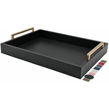 Plateau décoratif pour table basse, pouf, petit-déjeuner et boissons – Style champêtre à moderne, finition mate, poignées or champagne, noir