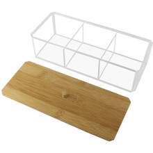 Porte-coton en bambou et acrylique HOOWIFFY, organisateur à 3 compartiments, transparent, rangement pour salle de bain