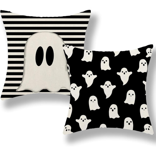 Μαξιλαροθήκες Halloween 18x18, Σετ 2 Μαύρων Χαριτωμένων Διακοσμητικών Φαντασμάτων για