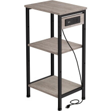 Tall End Table with Charging Station, 3-Tier Narrow Side Table, Adjustable Shelf, Compatible with Bedroom/Living Room/Office, Greige
