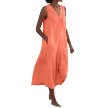 ¡Ahorra en vestidos de verano! Vestido casual de talla grande para mujer, color naranja, cuello en V, sin mangas, de algodón y lino, talla M.