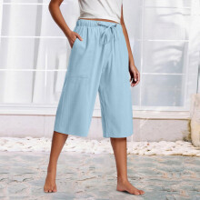 Calça curta feminina casual de verão, folgada, com bolsos, cordão e cintura elástica.
