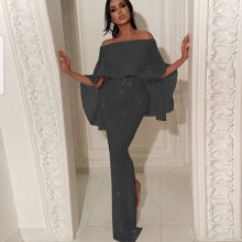 Vestido de invitada de boda de manga larga para mujer, negro, con detalle de hojas grandes en el pecho y los hombros, vestido de verano.
