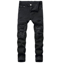 Imréiteach Jeans Fir Faiseanta Jeans Díreach Rialta Stróctha Jeans Ócáideacha le Poill Stróctha Bríste Jeans Bríste Fad Iomlán, Dubh