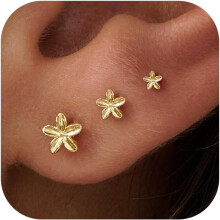 14K Gold Plated Flat Back Stud Earrings for Women 3 Pair