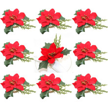 12PCS Christmas Napkin Rings Holder Pine Cones Poinsettia Wooden Napkin Rings Decor for Christmas Thanksgiving Birthday Party Supplies
