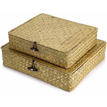 Natural Seagrass Storage Bins with Lid, Woven Wicker Basket Boxes Home Organizer Bins Shelf Organizer Box,Set of 2