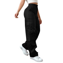 Calça cargo feminina casual com cintura elástica, botões e bolsos, ideal para caminhadas, trilhas e uso ao ar livre. Confortável para trabalho,
