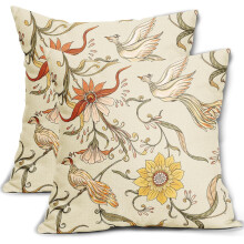 Housses de coussin vintage à motif floral 45x45 cm, lot de 2, imprimé rétro jaune fleurs et oiseaux, coussins décoratifs, housses de coussin
