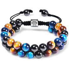 Náramek s trojitou ochranou: tygří oko, hematit a obsidián, léčivé korálky 8 mm, ručně tkaný amulet pro muže a ženy