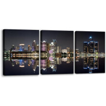 3 darabos fekete-fehér vászonkép Detroit városképéről, 27x40 cm, feszített és keretezett, azonnal felakasztható – modern