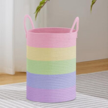 Large Laundry Hamper, Tall Woven Rope Storage Basket for Blanket, Toys, Dirty Clothes in Living Room, Bathroom, Bedroom - 58L Rainbow