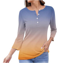 Orangefarbenes, langärmeliges Hemd mit Farbverlauf und Knopfleiste, V-Ausschnitt, einfarbig bedruckt, Polyester, Damenoberteil, Größe XXXL