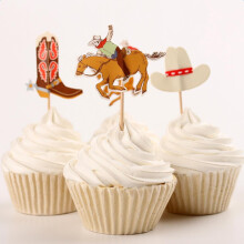 72 Pieces Wooden Cake Topper Design with Cowboy with Hat Birthday Party Accessory