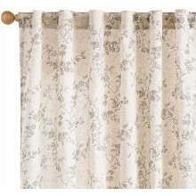 Linen Farmhouse Curtains, Grey Floral, 63" Back Tab Drapes, Light Filtering, 2 Panels, Gray on Beige
