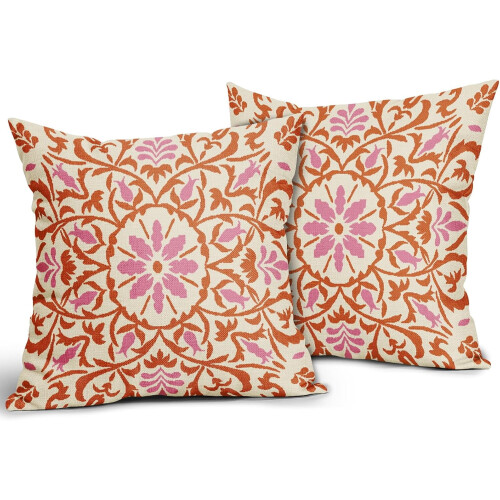 Conjunto de 2 capas de almofada boho em linho rosa e laranja, 50x50cm. 1