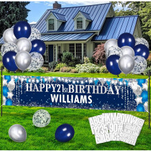 Gran pancarta azul de cumpleaños para armar tú mismo con letras personalizadas, globos y pegatinas – Azul marino y plateado, decoración para