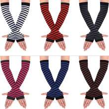 6 pares de guantes largos sin dedos para mujer, de punto, hasta el muslo, a rayas, con calentador de brazos y orificio para el pulgar, elásticos.