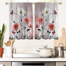 Red Floral Window Curtains for Kitchen, Rustic Abstract Leaf Design, White Daisy Vintage Short Drapes (1 Pair, 27.5" x 39"), Compatible with Standard