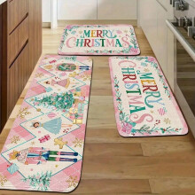 Ensemble de tapis de cuisine de Noël (2/3 pièces) – Flanelle rose, motif Casse-Noisette et sapin, lavable en machine, plusieurs tailles |