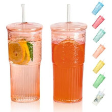 Gobelet en verre de 590 ml avec couvercle et paille, gobelet isotherme en borosilicate pour café glacé, gobelet réutilisable à large ouverture