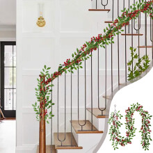 Videira de Natal artificial em rattan com bagas vermelhas e folhas verdes, 200 cm, 72 hastes, seda, para uso interno e externo — compatível com