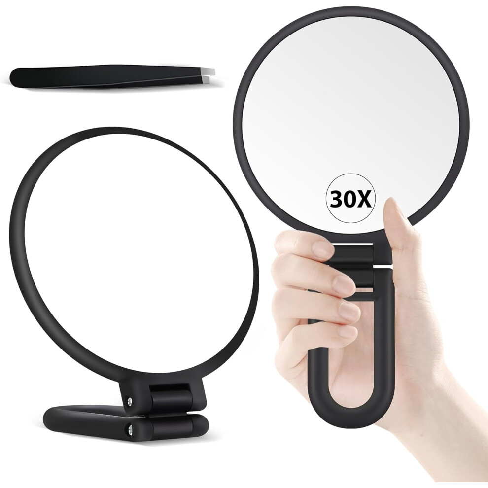 30X/1X Double-Sided Folding Magnifying Mirror with Handle, Portable Travel Makeup Mirror, 1pc