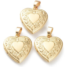 Herzförmiger Medaillon-Anhänger aus Messing mit Schleife, 18 Karat vergoldet, 22,5 x 19,5 x 5,5 mm, Fotorahmen-Charm für Halskette/Armband, ideal