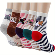5-pack damessokken met kattenprint, leuke kattensokken, schattige dierensokken, hondensokken, uilensokken, cadeaus voor vrouwen